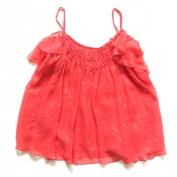 Rebecca Taylor Top Shirt Womens 2 Orange Gold Dot Smocked Cold Shoulder Flutter - Picture 1 of 12